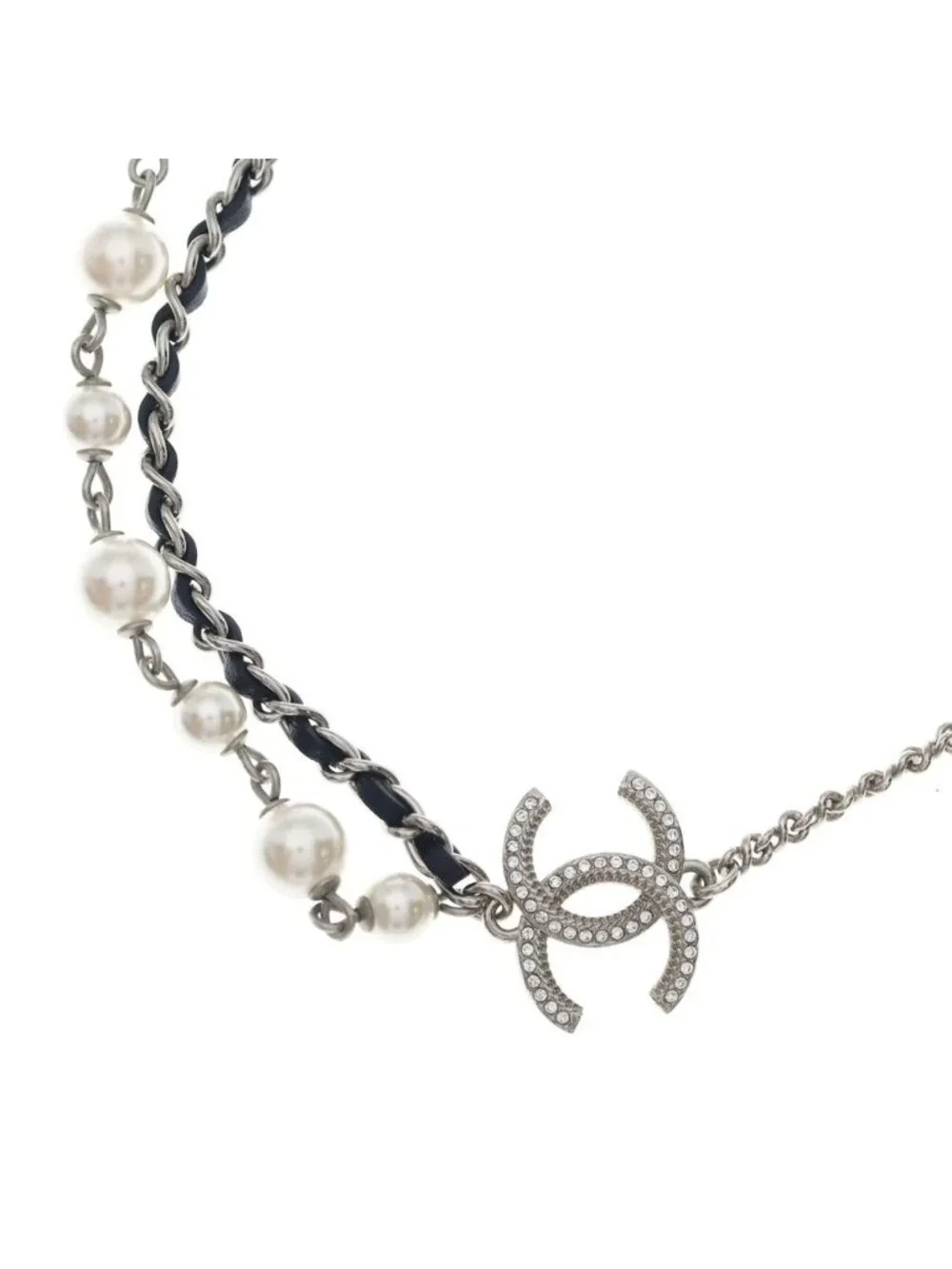 Chanel CC Logo Faux Pearl Rhinestone Leather Chain Necklace Choker Silver